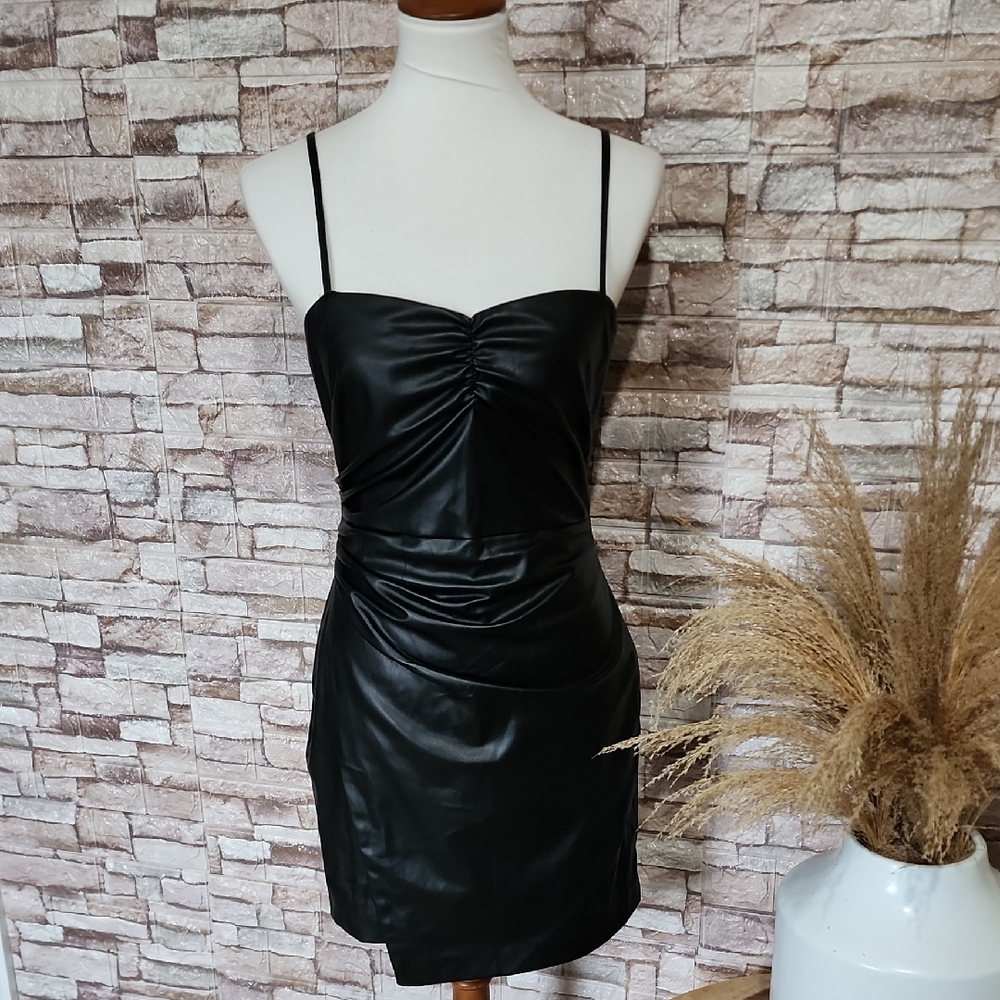 Zara Elegant Black Ruched Faux Leather Black  Dress